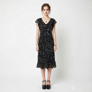 Vintage Whimsigoth Dress L Black Floral Beaded Romantic Fairycore  Midi Eva Blue